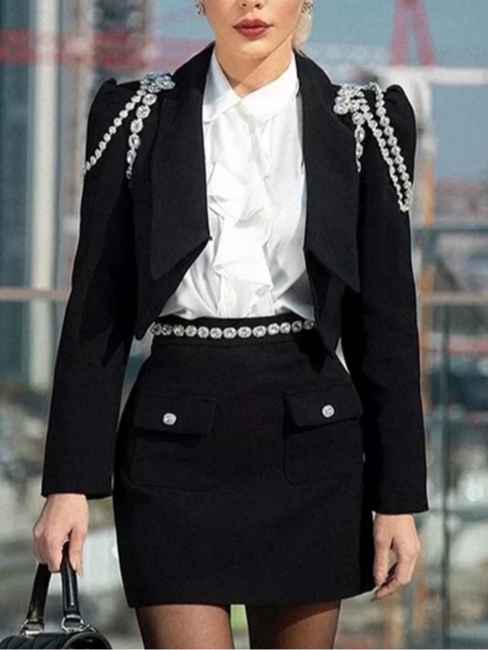 Designer inspired 2 piece blazer & skirt with crystal embellishments 💎